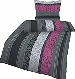 Soma Biber Bettwäsche Set, 100% Baumwolle, Reißverschluss, 135x200 cm oder 155x220 cm, mit Kopfkissenbezug 80x80 cm (lila grau Boho Barock, 155 x 220 cm + 80 x 80 cm)