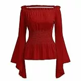ABEHIK Damen Mittelalter Oberteil Falten Ärmelstulpe Korsett Bluse Gothic Off Shoulder Top Langarm Renaissance Trachtenbluse Shirt rot XL