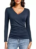 HOTIAN Langarmshirt Damen V-Ausschnitt Elegant Oberteile Bluse Stretch Slim Fit Basic Tops Casual Tunika Tops Blusen