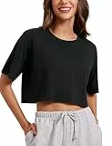 CRZ YOGA Damen Sport T-Shirt Kurzarm Sommer Fitness Crop Oberteile Crew Neck Leichte Yoga Top Atmungsaktiv Laufshirt Schwarz 38