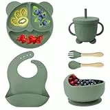 Eliano 6-teiliges Silikon Baby Geschirr Set – BPA-frei – Rutschfester Teller & Schüssel, Lätzchen, Trinklernbecher mit Strohhalm & Besteck – Baby Led Weaning Set