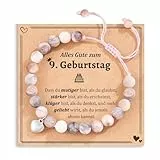 POWWA Geschenk Mädchen 9 Jahre Geburtstag, Naturstein-Armband mit Herzanhänger, Geschenkkarte & Samtbeutel, liebevolle Geschenkidee zum 9. Geburtstag für Mädchen