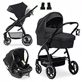 hauck 3in1 Kinderwagen Set Saturn R mit Babyschale, Babywanne & Buggy Sitz mit Liegefunktion, ab Geburt bis 22 kg, zusammenklappbar - Melange Schwarz