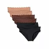 Amazon Essentials Damen Bikinihose aus Peachfarbener Mikrofaser mit Spitzenbesatz, 6er-Pack, Gewaschene Bronze/Haselnuss/Schwarz, 42