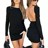 MeeQee Damen Figurbetontes Kleid Sexy Rückenfreies Langarm Minikleid Elegantes Rundhals Bodycon Partykleid Wickelkleid Einfarbig Eng Kurzkleid für Club Party Cocktail Abend