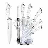 9-tlg Messerset mit Drehbare Acryl Messerblock, Weiß Sharp Antihaft Beschichtete Kochmesser Block Set,Edelstahl Messer Set für Küche mit Schärfer zum Schneiden Schneiden Würfeln Hacken (weiß)