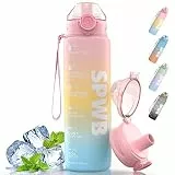 SPWB Trinkflasche,1L Sportflasche Auslaufsicher, BPA-frei Tritan Wasserflasche mit Filter und Zeitmarkierung, Kohlensäure Geeignet für Fahrrad, Fitness, Wandern, Camping und Schule (blue)