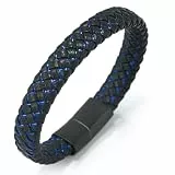 Halukakah Kinder ● Jazz Junior ● Jungen Echtes Leder Handgemachtes Geflecht Schwarz Mix Blau Armband 6-12 Jahre alt. Titan Mattierter Magnetverschluss 18cm mit Geschenkbox