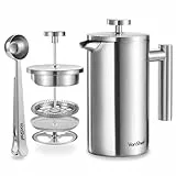 VonShef Kaffeepresse für 6 Tassen, 800ml Edelstahl Cafetiere für Filterkaffee, Isolierte Doppelwandige Kaffeebereiter mit Schieber, Inkl. Messlöffel & Beutelverschluss, Spülmaschinengeeignet