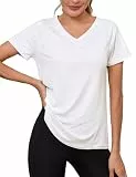 Wayleb Sportshirt Damen Locker Kurzarm Atmungsaktiv V-Ausschnitt Top mit Luftlöchern für Pilates Yoga Training Sommer Sport Tshirts Weiß
