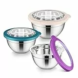 Herogo Rührschüssel 3er Set, Edelstahl Salatschüssel mit Sichtbarem, luftdichtem Deckel, Küche Edelstahl Schüssel zum Backen/Kochen, 1,2L/3L/4,5L Leicht zu verstauen & Spülmaschinenfest - Bunt