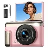 Digitalkamera 4K Fotokamera 64MP Kamera: Vlogging Fotoapparat für Videos mit 3' Klapp-Bildschirm Tragbare Batterie Kompaktkamera mit 16X Digitalzoom 32GB Karte für Kinder Anfänger Studenten (Rosa)