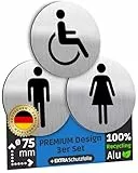SCHILDERBOXX® WC Schild Selbstklebend - 3er Set Toilettenschild Damen Herren Behinderten WC [Ø75mm, 100% Alu, extra-starkes Klebeband] – Türschild Toilette Aufkleber Tür, Behindertentoilette
