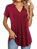 Beluring Damen Shirt Sommer Elegant Kurzarm Oberteile V-Ausschnitt Einfarbig Tunika T-Shirts Weinrot XXL