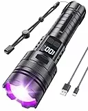 MOWETOO 365nm UV Taschenlampe - Aufladbar UV Lampe Schwarzlicht mit LED Licht 2 in 1, Zoombare Schwarzlichtlampe mit LCD-Display für Bernsteinsuche, Tierurin-Test, Resin Härten, Geldscheinkontrolle