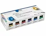 KREUL 77600 - Acryl Metallicfarben im Set, 6 x 20 ml Farbe und ein Pinsel, glamouröse Acrylfarbe mit Metalliceffekt auf Wasserbasis, cremig deckend, schnelltrocknend und wasserfest