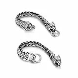 JewelryWe 2pcs Herren Armband, Retro Punk Rock Wolf Kopf Leder Edelstahl Geflochten Kette Armreif, Schwarz Silber
