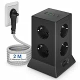 Steckdosenturm mit USB C,8Fach Mehrfachsteckdose mit Schalter,Steckdosenleiste Überspannungsschutz Flachstecker mit 2M Kabel für Büro und Heim, Mehrfachstecker Steckdosenadapter, Schwarz
