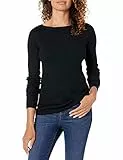 Amazon Essentials Damen Leichter, Gerippter Langarm-Pullover mit U-Boot-Ausschnitt in schmaler Passform, Schwarz, L