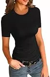 Imily Bela Damen T-Shirt Rundhals Kurzarm Sexy Shirt Sommer Basic Oberteil Slim Fit Tee Tops(Schwarz, M)