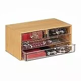 Relaxdays Make Up Organizer Bambus, 4 Schubladen, HBT: 11x23,5x15 cm, Schminkaufbewahrung & Schmuck, natur/transparent