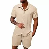 POIUIYQA 2 Teiler Herren Sommer Einfarbig Musselin Sportanzug Leinenanzug Herren Zweiteiliges Kurzarm Button-Up Revers Hemd und Shorts Set Jogginganzug Trainingsanzug Anzug