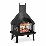 Relaxdays Terrassenofen mit Grill, Feuerstelle mit Funkenschutz, Schürhaken, massiv, Stahl, 110 x 63 x 51 cm, schwarz