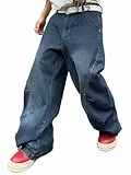 Zewool Herren Baggy Jeans mit unregelmäßigen Nähten lässige Mode Y2K Hip Hop Wide Leg Denim-Hosen Streetwear lockere Passform gerade Beinform entspannter Schnitt Skater Skateboard,B Blau,L