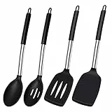 Silikon Pfannenwender Löffel, Hitzebeständig Silikon Spachtel Küche Pfannenwender Geschlitzt Löffel Set für Kochen, BPA Frei Küchenhelfer Schwarz Küchenutensilien Spülmaschinengeeignet, 4 Stück