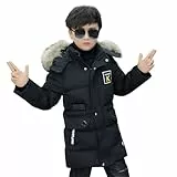 linboo Winterjacke Jungen Kinder Jacke mit Abnehmbare Fellkapuze Dicke Steppjacke Gefüttert Warme Parka Outdoor Winddicht Wintermantel, Schwarz, 134-140(Etikettengröße: 140)