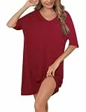Irdcomps Nachthemd für Damen Kurzarm Schlafshirt Sleepshirt Baumwolle Kurz Sexy Schlafkleid Schlafhemd Große Größen Sommer Nachtwäsche Rot XXL