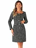 Allegra K Tweed-Kleid für Damen, quadratischer Ausschnitt, langärmelig, elegantes Cocktail-Kleid, kariert, Schwarz , L