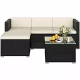 Yaheetech 5er Gartenmöbel Set Balkonmöbel Set aus PE-Rattan Wetterfest Terassenmöbel Außen mit 2 Ecksofa & Sofa & Stuhl & Beistelltisch & Sitzkissen für Garten/Balkon/Terrasse, Schwarz & Beige