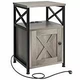 YITAHOME Beistelltisch, Nachttisch mit Kabinett, X-förmiger Couchtisch mit Ladestation, 2 USB-Anschlüssen und Steckdosen, Nachtkommode für Wohnzimmer, Metallrahmen, Schlafzimmer, Metallrahmen, Grau