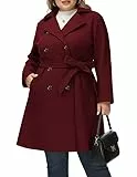 Hanna Nikole Wollmantel Damen Lang Große Größen Zweireihiger Wollmantel mit Taschen Gürtel Langarm Mittellanger Trenchcoat Wein 52