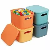 autumndeer 4 Stück Kunststoff Aufbewahrungsbox mit Deckel, Bunte Plastik Boxen Aufbewahrungsbehälter, Stapelbare Aufbewahrungskorb für Regale, Küche, Badezimmer, Büro, Kinderzimmer(24.5x17.5x16cm)