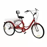 KEESUNG 24 Zoll Dreirad für Erwachsene, Faltbares 7-Gang Getriebe 24 Zoll 3 Räder Fahrrad für Erwachsene Dreirad Rot Dreirad Adult Fahrrad mit Einkaufskorb für Erwachsene, Senioren