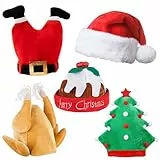 Weihnachtsmützen Erwachsene – 5 Stk. Lustige Hüte – Nikolausmütze, Hähnchen Hut, Weihnachtsmannbeine, Puddingmütze, gefüllter Truthahnhut, Weihnachtsmütze – Witzige Kostüme und Lustige Mützen im Set