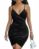 BebreezChic Kleider Damen Kurz Samtkleid V-Ausschnitt Spaghettiträger Bodycon Luccicoso Geraffte Wickelkleider Partykleider Cocktailkeider Schwarz L