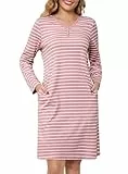 Lovasy Nachthemd Langarm Damen Baumwolle V Ausschnitt Gestreift Nachthemd mit Knöpfen Damen Winter Nachtkleid Schlafshirt mit Taschen,Rosa,L