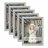 WOLTU Bilderrahmen 13x18cm 5er Set Fotorahmen Holzrahmen mit Passepartout, zum vertikalen oder horizontalen Aufhängen/Aufstellen, Posterrahmen Collage Wanddeko, Silber