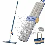 bestyks Großer Flachmopp Eimer,Handfreier Wischmopp Flachmopp Set mit Eimer,Bodenwischer Set mit Auswringfunktion,360°Spin Nass-Trockenmop Set für Bodenreinigung Fliesen(2 Cloths Blau)