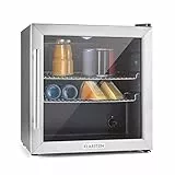 Klarstein Getränkekühlschrank, Kühlschrank Klein mit 2 Ablagen, Minikühlschrank Lautlos für Büro Camping Outdoor mit Glastür, Mini Fridge 3-10°C, Bierkühlschrank 47L, Silber/Schwarz