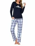 Leversic Schlafanzug Damen Lang Zweiteiliger Pyjama Set Karierte Pyjamahose Baumwolle Winter Hausanzug Nachtwäsche, 1427-Dunkelblau, L