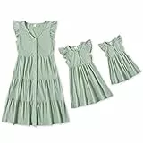 IFFEI Mutter Tochter Kleider Partnerlook Midikleid mit Flattersärmeln & Tupfen, Sommerliches Set für Mama & Mädchen Ideal für Familienfotos & Freizeit M Grün