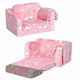 MeMoreCool Kindercouch, Faltbarer Kleinkindstuhl, Bett, weicher Plüsch, ausklappbarer Kindersessel, Boden, Mini-Sofa, leuchtet im Dunkeln, Bequeme Baby-Liege für Mädchen und Jungen, buntes Einhorn