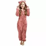 Generisch Jumpsuit Kinder - Schlafanzug Mädchen Overall Teddy Fleece Kuschelanzug Weich Kapuze Reißverschluss Bequem Plüsch Einteiler Warm​