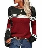 Damen Pullover Rundhals Colorblock Herbstpulli Stilvolle Slim Fit Gestreift Sweater Bequem Warm Strickpullover Langarm Tops Strickwaren (Weinrot, XL)