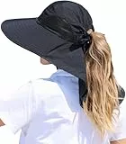 Yemlarey Damen Sonnenhut mit Breiter Krempe UV Schutz Wanderhut Faltbar Fischerhut Sommer Safari Hut mit Pferdeschwanzloch Gartenhut Tropenhut Strohhut Gärtner (Schwarz)