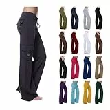 EMATOP Cargohose Damen Lang Baggy Jogginghose Baumwolle Casual Wanderhose High Waist Sport Cargo Hosen Locker Einfarbig Freizeithose mit Taschen Sporthose Regulär Fit Sommerhose Trainingshose